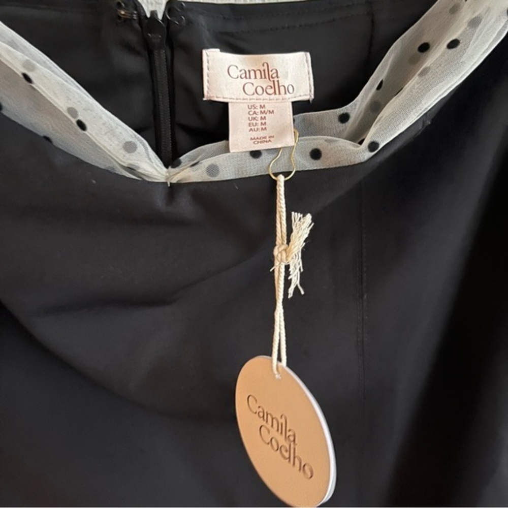 Camila Coelho NWT Organza Puff Sleeve Flocked Dot Mini Dress Black M - Picture 3 of 7